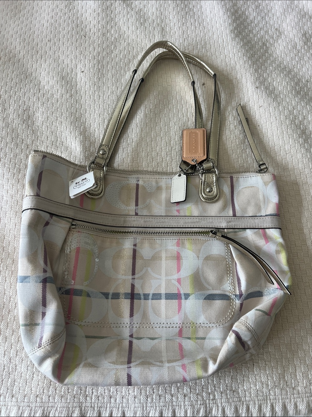 Coach Cream Logo Tote with Pastel Multi-Color Stripes